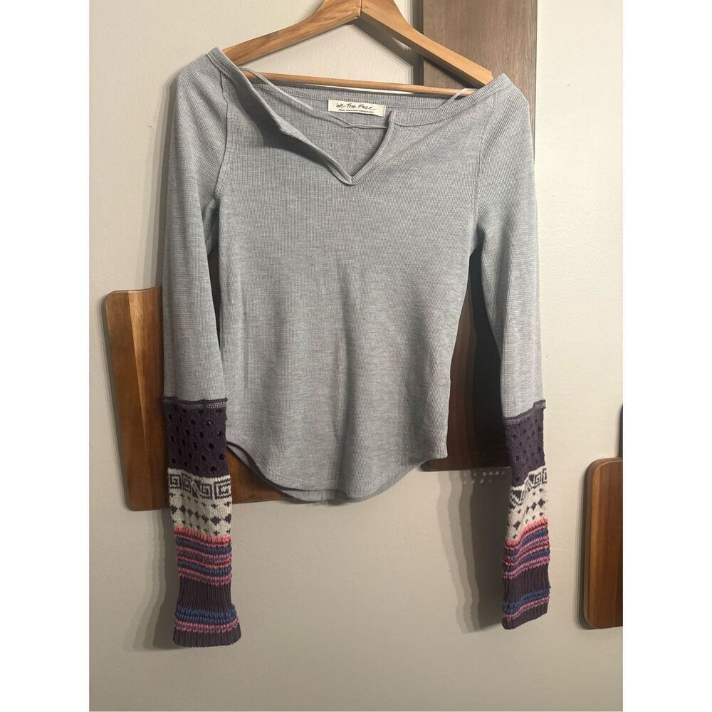 Free People Heather Gray Combo Waffle Knit Cozy Craft Cuff V Neck Thermal Top Si